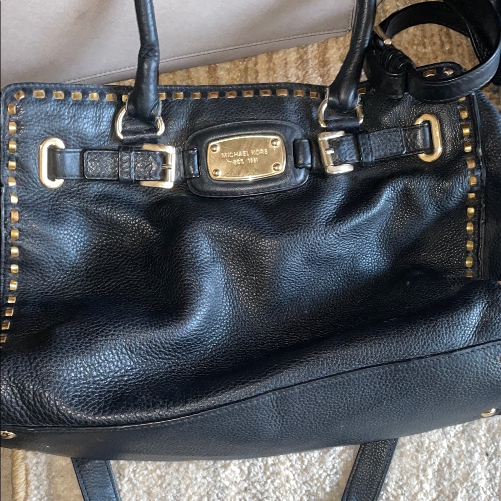 Michael Kors Black Leather Shoulder Bag with Gold Accents